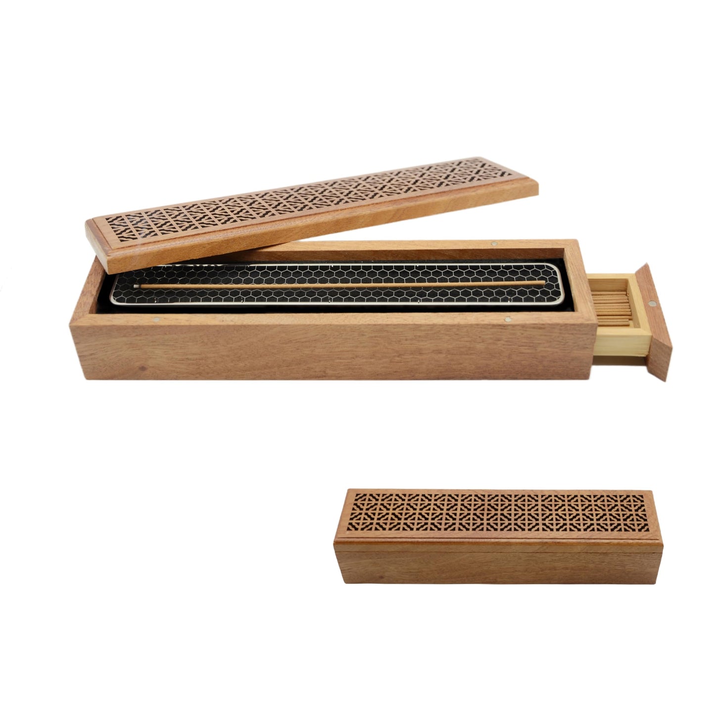 Moocervi Incense Holder Burner,Coffin Incense Storage Box Holder for Sticks, Wooden Incense-Stick Holder & Ash Catcher for Meditation/Yoga Room/Bedroom/studyroom/Office (Incense Holder with Storage)