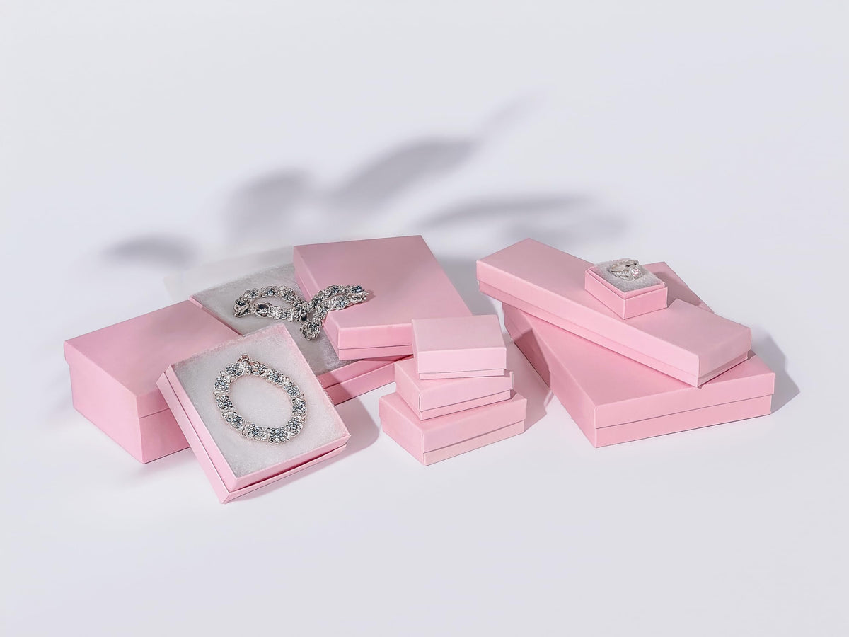 TheDisplayGuys - 25-Pack #65 Cotton Filled Cardboard Paper Jewelry Boxes Gift Case - Pastel Pink (6.2" x 5.2" x 1.1") - for Shipping or Storage