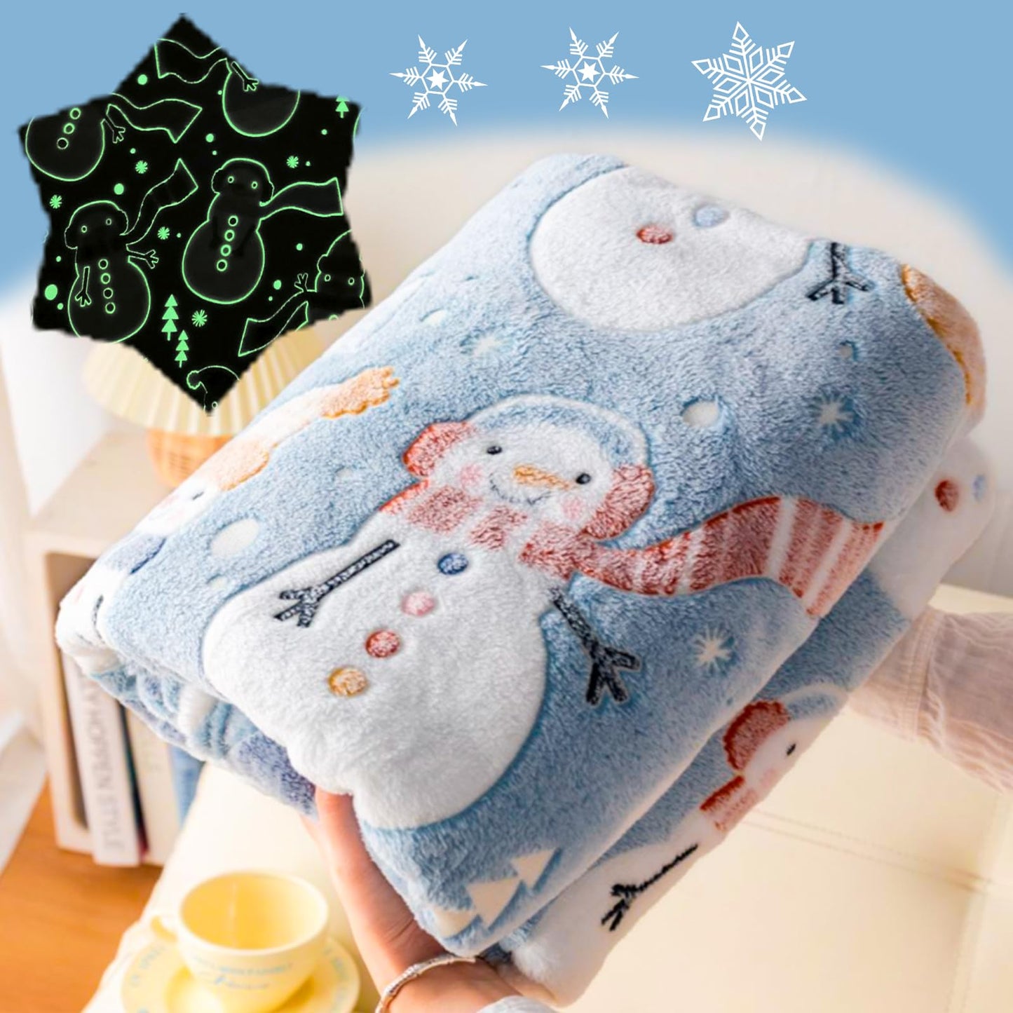 Christmas Blanket Snowman Blankets Gift, Glow in The Dark Blankets, Cozy Soft Fleece Blankets for Holiday Décor, Children Boys Girls Teens Holiday, 50"*60", Kids Blanket, Sky Blue