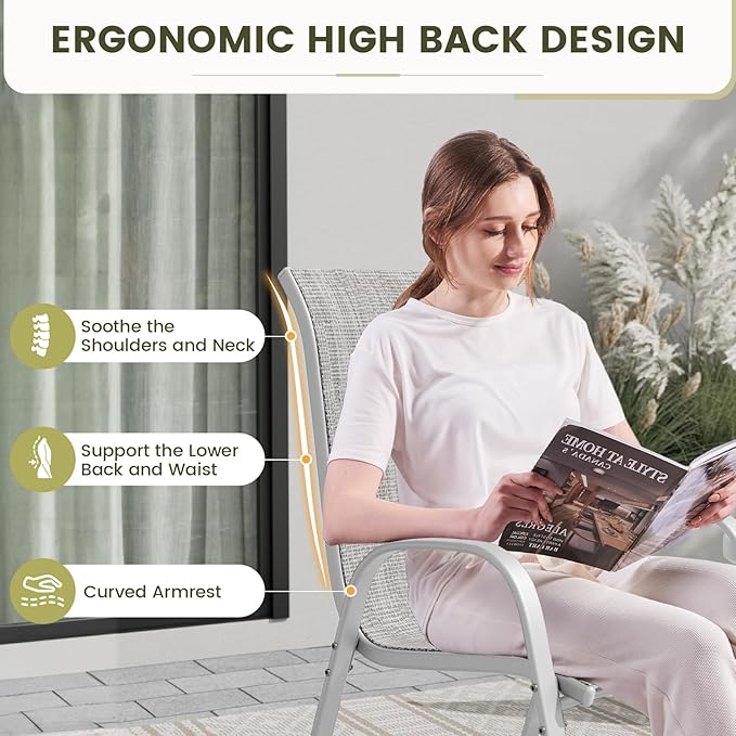 UDPATIO Patio Chairs Set of 6, Stackable Silver Outdoor Dining Chairs with High Back, Breathable Textilene Fabric Outdoor Chair All Weather, 350LBS Capacity for Garden, Backyard (Light Grey)
