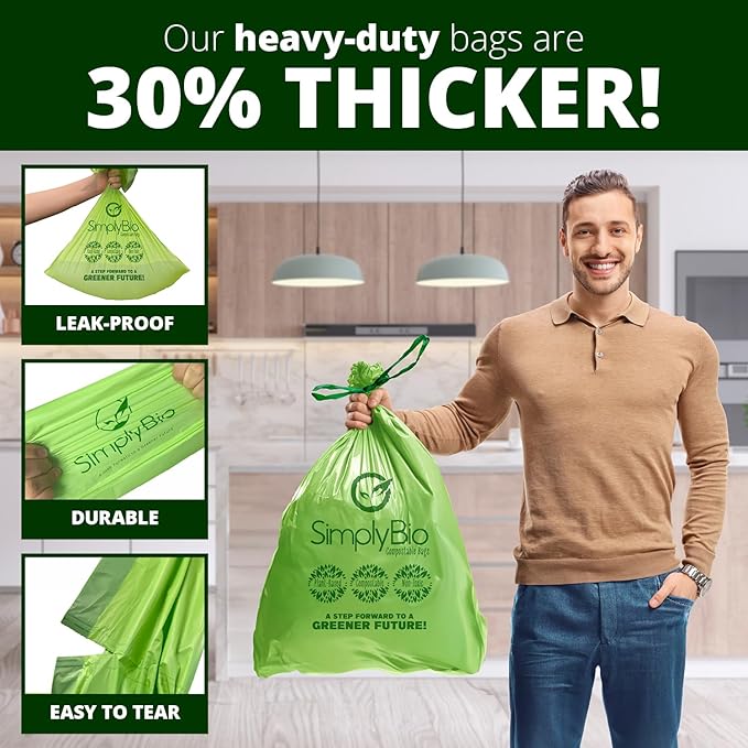 Simply Bio 13 Gallon Compostable Trash Bags Liners Drawstring, Heavy Duty Extra