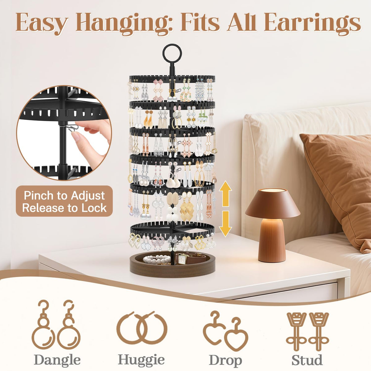 iDavosic.ly 6 Tier Rotating Earring Holder Organizer with Wooden Tray, Large Dangle Display Stands Tree with 342 Plastic Grooves, Adjustable Hoop Storage Rack, Space Saving Tower, Black & Brown