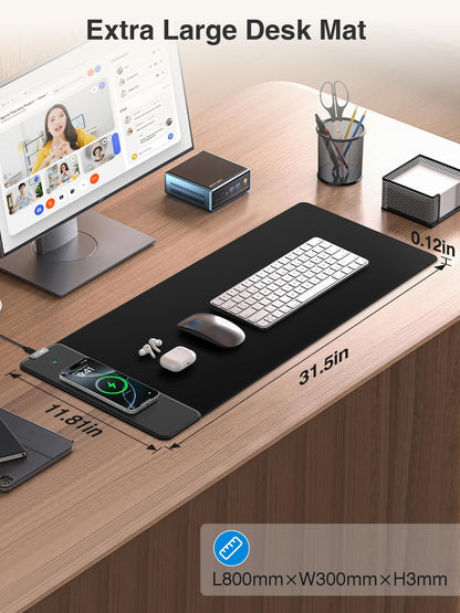 2-in-1 Mouse Pad with Magnetic Wireless Charging, 31.5"x11.8" Large, Waterproof Smooth Surface, Non-Slip Base, No Adapter, Black