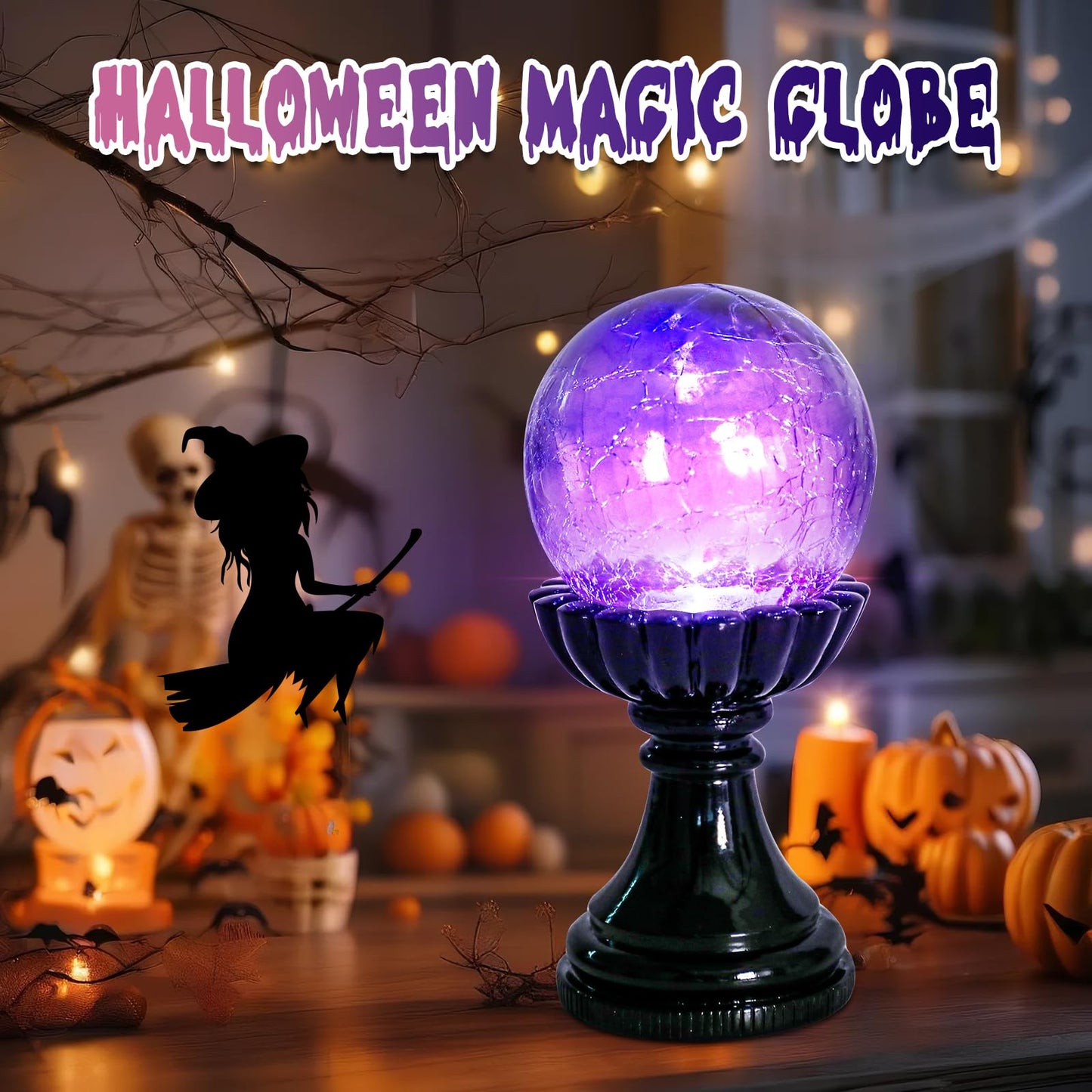 MUMTOP Halloween Indoor Decorations, Purple Glass Crackle Globe with LED Light Halloween Magic Ball Figurine Resin Statue for Home Kitchen Room Party Table Decor