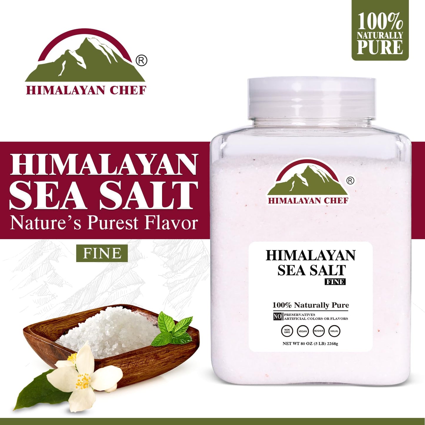 Himalayan Chef Sea Salt Fine Grain Himalayan Salt, 5 lbs Bulk Bag - 100% Natural, Unrefined, Kosher, Rich in 84 Organic Minerals for Cooking, Seasoning