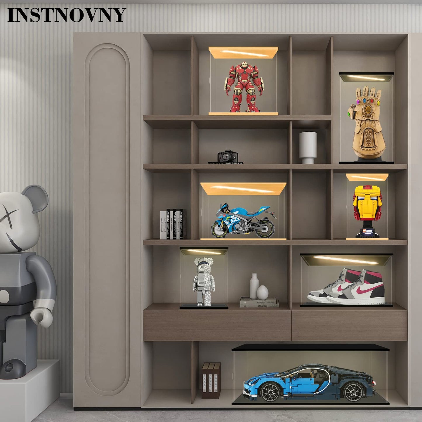 Instnovny Acrylic Display Case for Collectibles Clear Dustproof Acrylic Boxes for Display Trophy Figure Toys Lighted Lego 21042 Display Case Storage Box(Black-Solid Yellow; 7.9*7.9*18.9 inch)