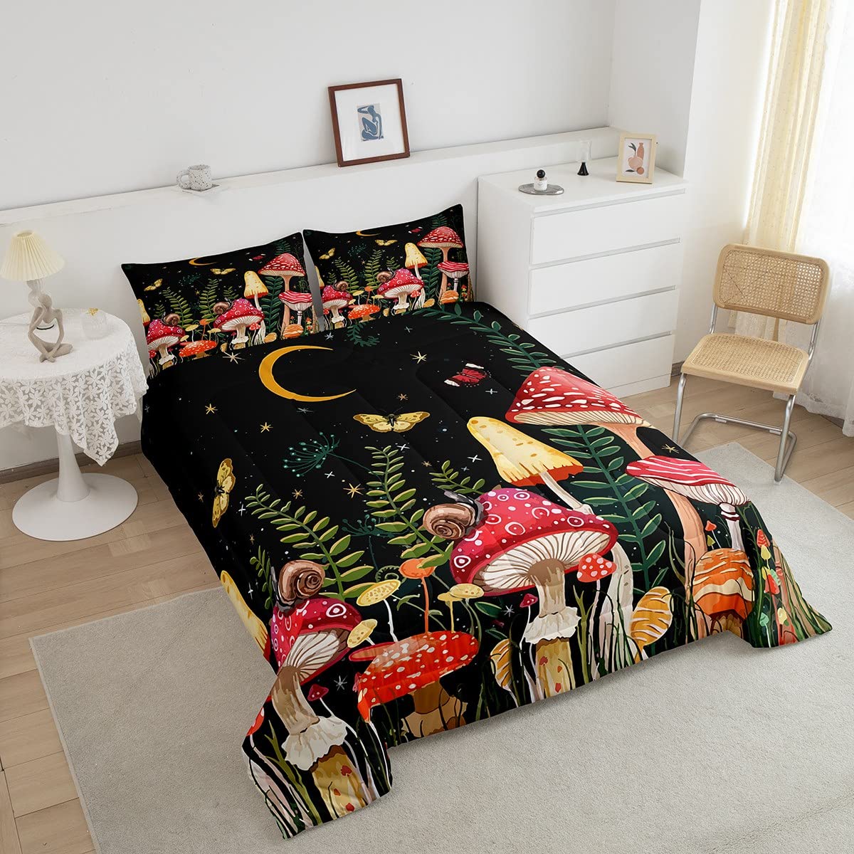 Feelyou Kids Mushroom Bedding Set Natural Wild Fungus Comforter Set for Kids Boys Girls Botanical Plants Duvet Set Butterfly Comforter 1 Comforter Set with 2 Pillowcases Full Size