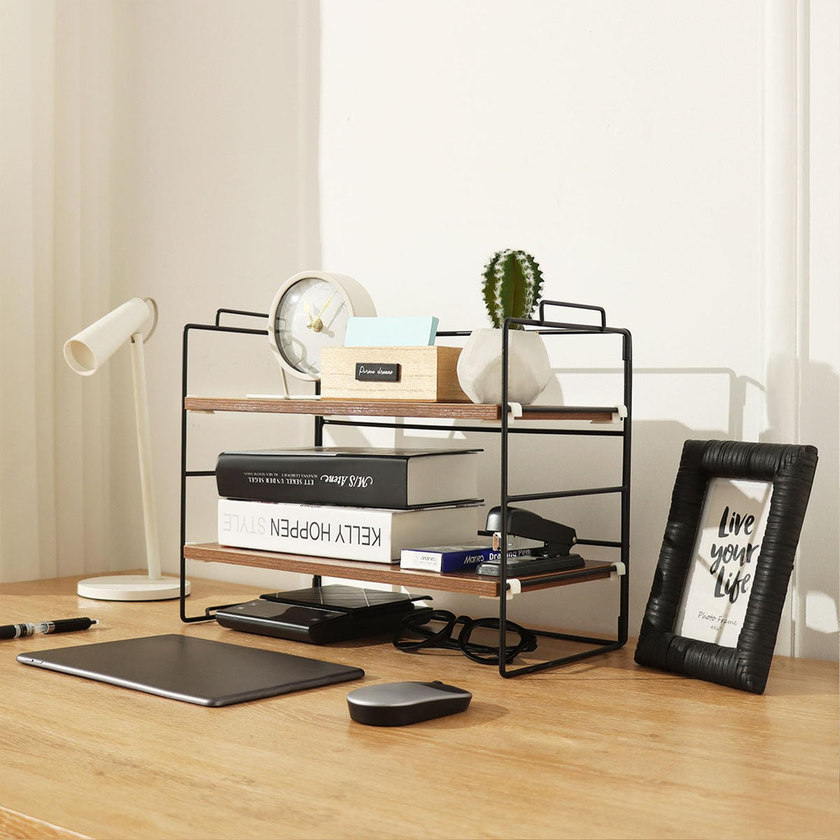 KATHY&BOB Wood Desk Shelf Organizer, 2-Tier Desktop Supplies Storage Rack, Adjustable Stackable Desk Shelf for Office, Kitchen, Bathroom, 15.75"*12.2"*7.87"