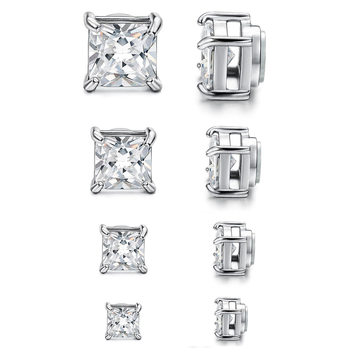Magnetic Non-piercing Clip On Earrings: Stainless Steel 5-8mm Square CZ Inlay Round Fake Cheater Studs for Men Women, 4 Pairs Silver