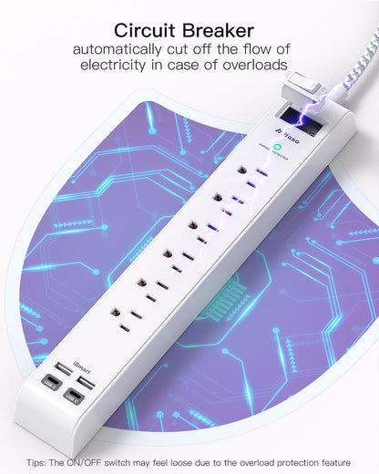 2 Pack Power Strip, 12FT Long Extension Cord, Surge Protector with 6 Outlets and 4 USB Ports (2 USB C), Flat Plug Overload Protection, Extension Cord 10+ ft, Wall Mount for Home Office Dorm College