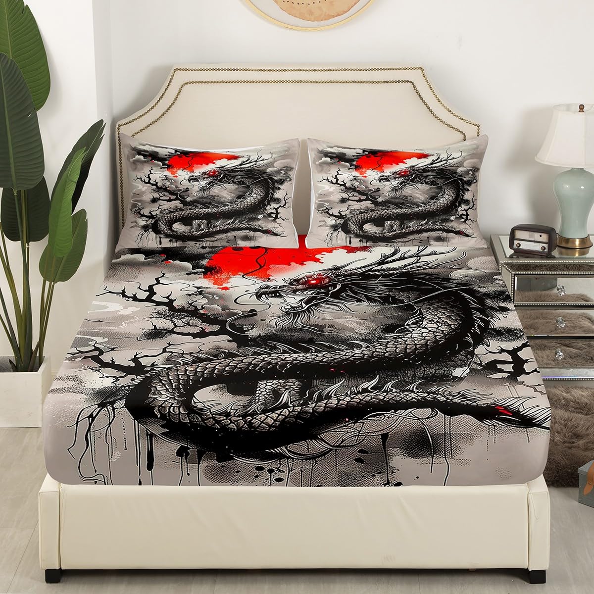 Black Dragon Fitted Sheet Queen Size,Japanese Style Bedding Set 3Pcs for Kids Girls Boys Teens Room Decor,Sunset Ink Tie Dye Bed Sheets Magical Style Wildlife Deep Pocket Sheet,2 Pillowcases