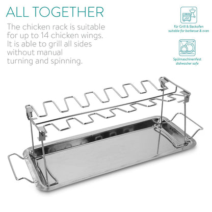 Navaris Stainless Steel Grill Tray - 2 in 1 Stand for 12 Chicken Legs or Wings - Grilling Accessory for Barbecue Grill Oven with Dip Tray