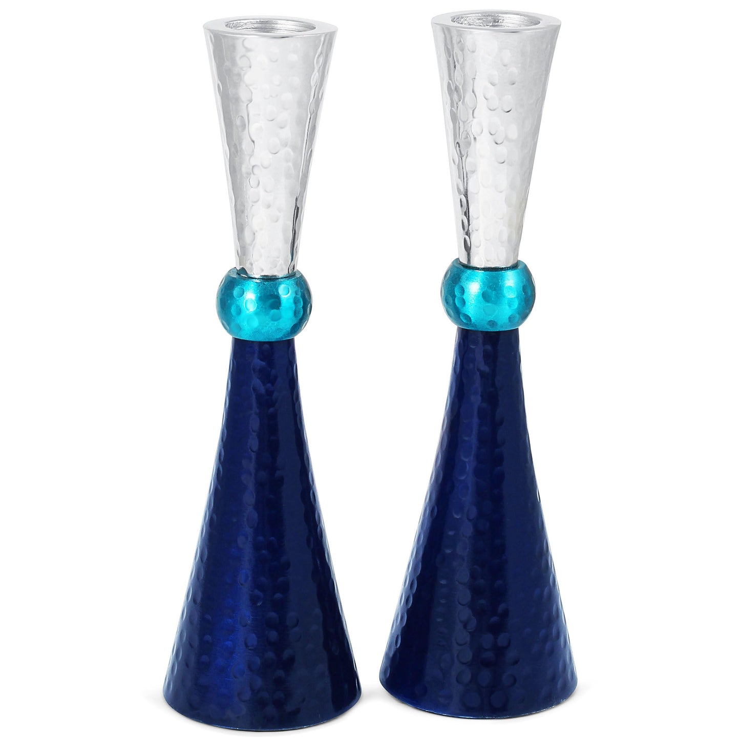 Zion Judaica Classic Candlestick Holders Set of 2 - Anodized Metal Hammered Finish - Fits Thick Tapered and Shabbat Candles - Blue Tones and Silver