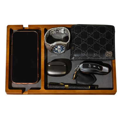Shinpuru Wooden Valet Tray for Men, Nightstand Organizer with Leather Inlay, EDC Essentials Catchall Tray for Keys, Phone, Wallet, Watch, Earbuds - Bedside Desk Entryway Tray (Wood-Phone)