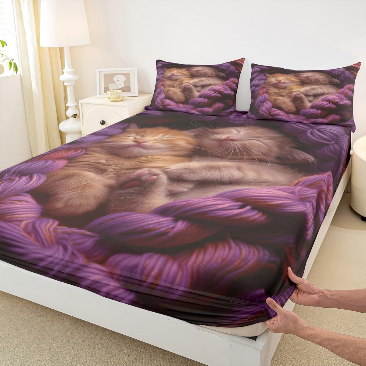 jejeloiu Cats Print Fitted Sheet with 1 Pillowcase Twin Size Animal Bed Sheets Set 16" Deep Pocket Boys Girls Purple Bedding Cute Kitten Teens Bedroom Decor Breathable Lightweight Microfiber