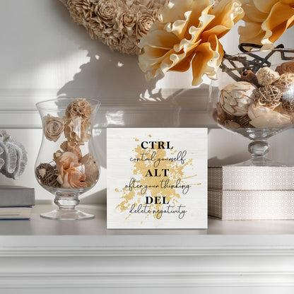 KFXHANGD Ctrl Alt Del Office Motivational Gold Wooden Box Sign Desk Decor, Inspirational Decorative Signs for Office and Bedroom, Positive Home Shelf Desk Decoration 5x5 Inch