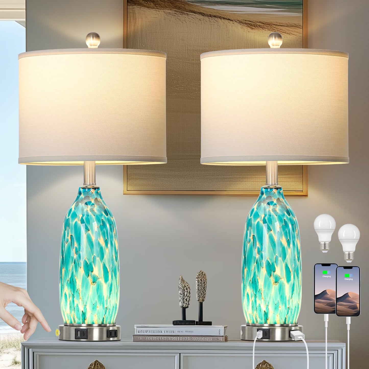 Rinweey 26" Peacock Green Glass Table Lamps Set of 2,Coastal Nautical Bedside Lamps with USB Ports & AC Outlet,Lamparas Elegantes para Cuarto with Night Light for Bedroom Living Room Decoration