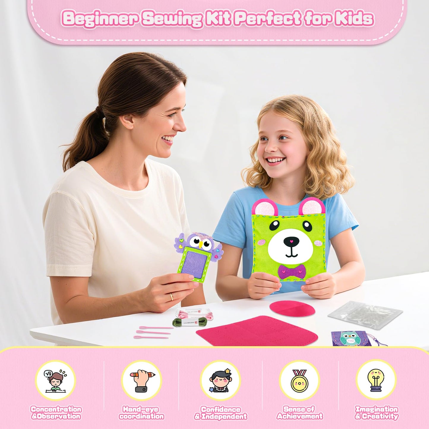 Sewing Kit for Kids Beginner, 10 Easy DIY Projects of Stuffed Animal Dolls & Purse Handbags, Learn to Sew with Felt Embroidery Craft, Arts & Crafts Gift for Girls & Boys Ages 6-12