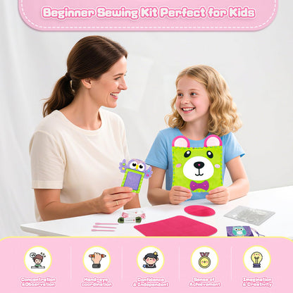 Sewing Kit for Kids Beginner, 10 Easy DIY Projects of Stuffed Animal Dolls & Purse Handbags, Learn to Sew with Felt Embroidery Craft, Arts & Crafts Gift for Girls & Boys Ages 6-12