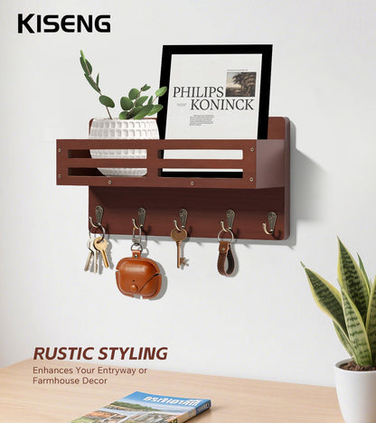 KISENG Key Holder Wall Mount Farmhouse Key Hooks for Wall with Mail Organizer Decorative Key Rack with 5 Sturdy Hooks for Dog Leash, Sunglasses, Rustic, Paulownia Key Hanger for Entryway