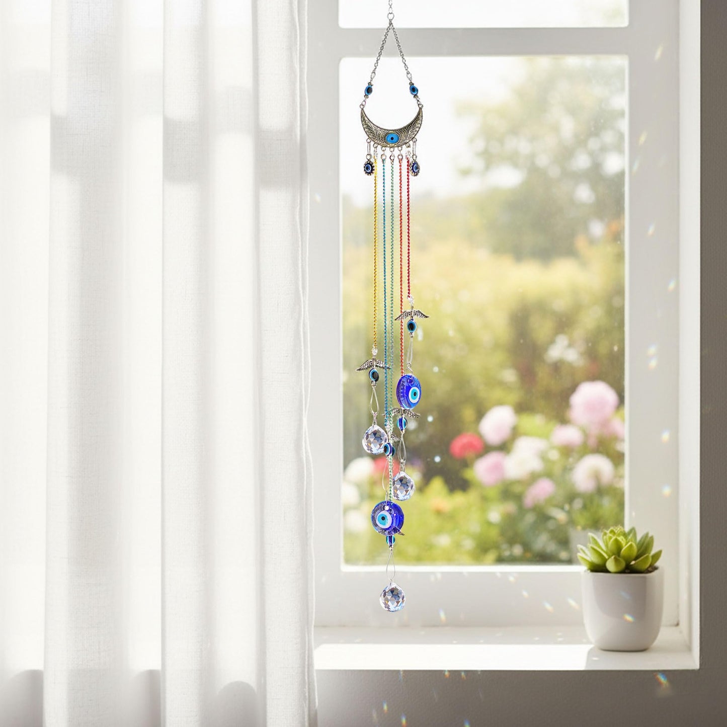 20 Inch Blue Evil Eye Hanging Crystal Suncatcher Ornament, Chakra Energy Crystal Ball Prism Pendant Rainbow Maker for Christmas Tree, Window & Home Decor Protection