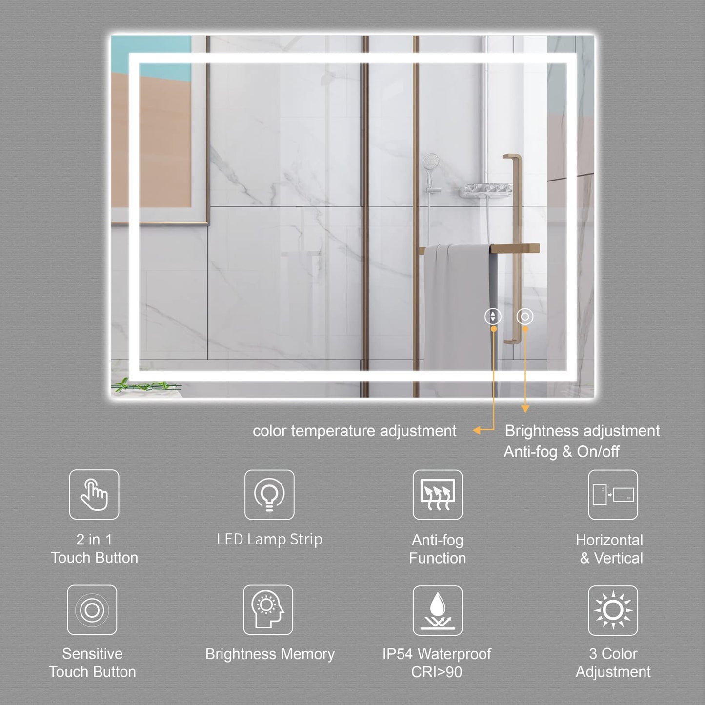 Dripex Bathroom Mirror with LED Lights, 500 * 700 MM Illuminated Backlit Wall Mounted Vanity Mirror Dimmable Switch 3 Colors and Demister Pad, Horizontal/Vertical