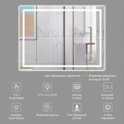 Dripex Bathroom Mirror with LED Lights, 500 * 700 MM Illuminated Backlit Wall Mounted Vanity Mirror Dimmable Switch 3 Colors and Demister Pad, Horizontal/Vertical
