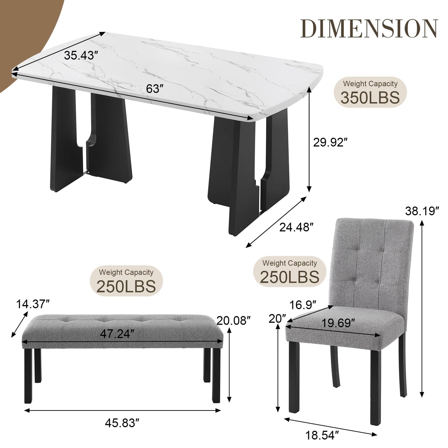 Merax 6-Piece Dining Table Set for 6, Modern Faux Marble Oval Kitchen Tabletop with Four Upholstered Chairs and One Bench for Dining, Living Room, Kitchen, Easy Assembly, White+ Gray
