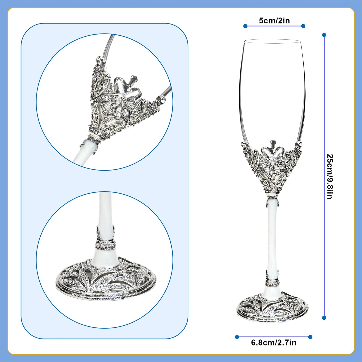 Jozen Gift Champagne Flutes -His and Hers,Wedding Toasting Glasses for Engagement Celebrations, Bridal Shower and Registry Idea, Tall Wine Glasses for Bride and Groom Gifts,7oz (Silver&white)