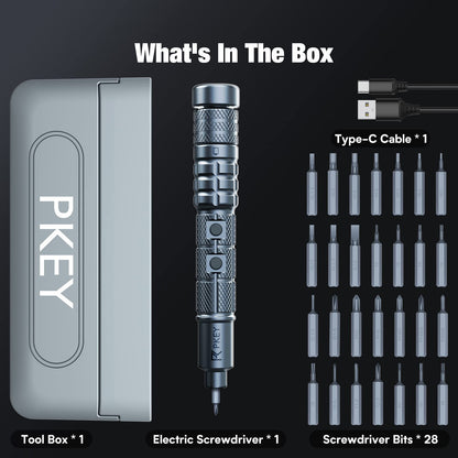 PKEY Cordless Electric Screwdriver Set, Mini Electric Screwdriver, 28 Magnetic Bits, 3 Gears Torque, Two batteries，Rechargeable Portable Repair Tool Kit for Electronics Laptops Clocks Glasses Camera