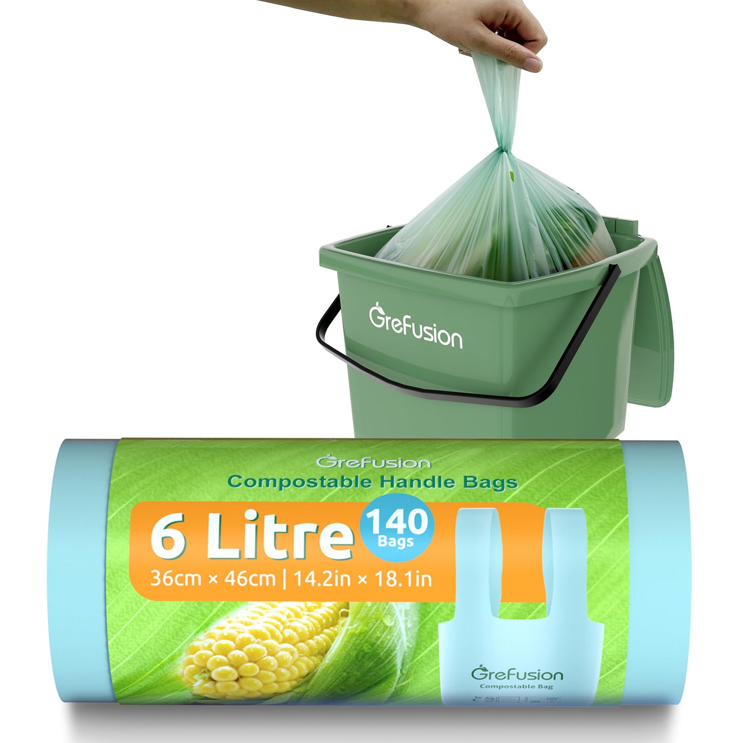 GreFusion 6L Tie Handle food waste Bags 140 count Extra Thick compostable caddy liners 6 litre with Handles