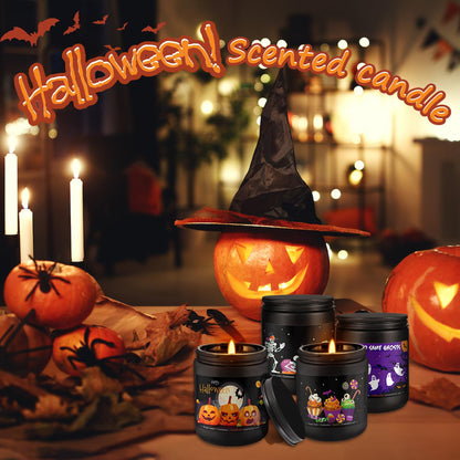 Grcdoyvl Halloween Scented Candles Set of 4 (7oz Each) – Spooky Aromatherapy Soy Wax Candles with Bat & Ghost Designs, Smokeless for All Saints' Day, Home Decor & Festive Gifts