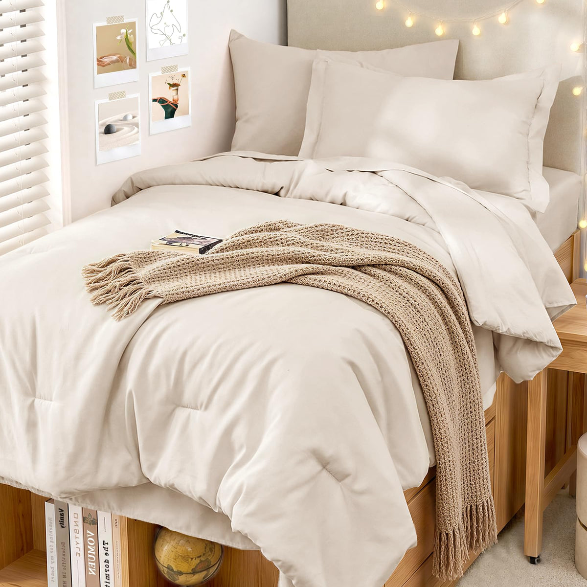 MUXHOMO 5 Pieces Twin XL Comforter Set, Soft Bed in a Bag Twin XL Size, All Season Bedding Set with Comforter, Flat Sheet, Fitted Sheet, Pillowcases & Shams, Beige