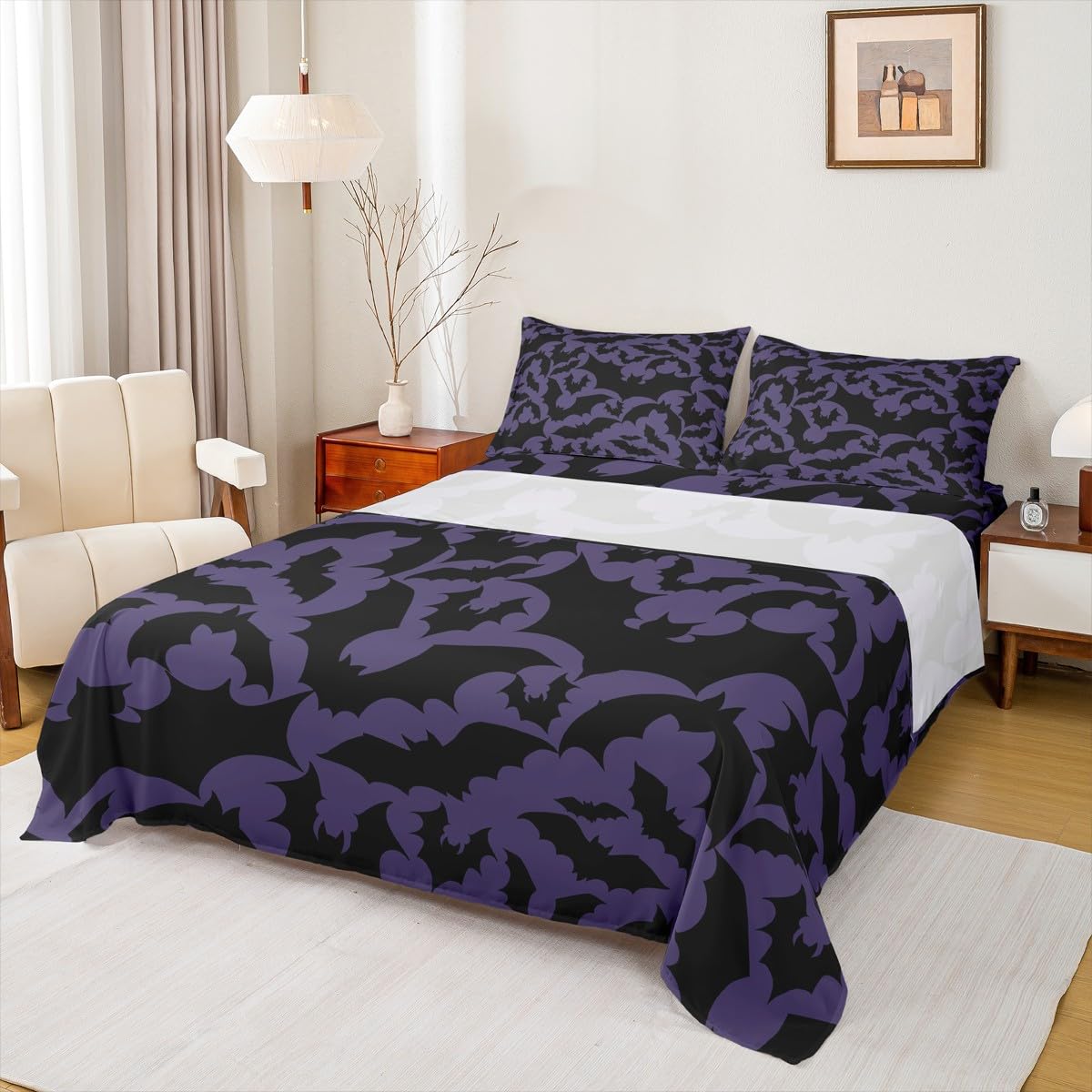 Castle Fairy Halloween Themed Bed Sheet Set King Size,Black Bats Animal Print Fitted Sheet + 1 Flat + 1 Pillowcase,Dark Purple Color Polyester Bed Mattress Cover, Gift for Man Couple