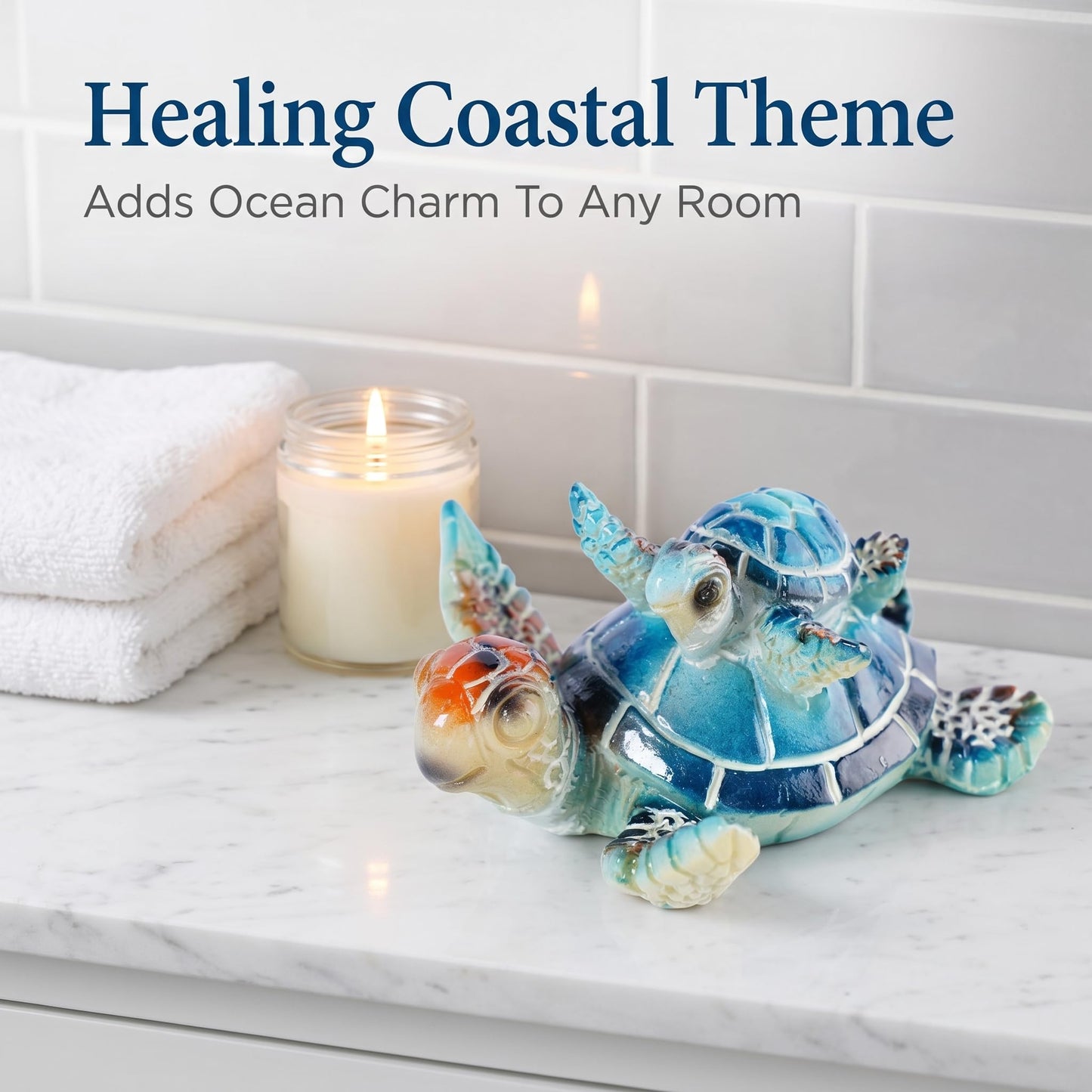 Brizoria Sea Turtle Ocean Decor Coastal Resin Figurines Blue Beach Themed Room Decor Textured Shell and Flippers for Shelf Tabletop Bathroom Bedroom Office, Blue