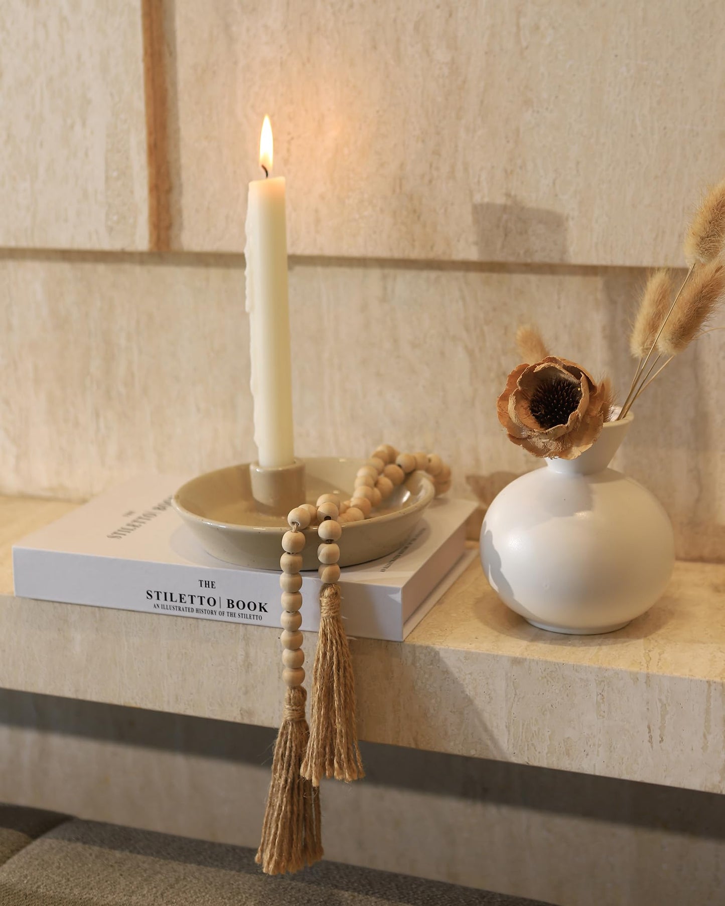 DN DECONATION Ceramic Candle Holder, Boho Candlestick Holder with Round Plate for Taper Candles, Unique Farmhouse Porcelain Candle Stick Holder for Meditation/Yoga Room Home Wedding Decor(Gray)