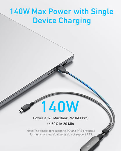 Anker Cable,6FT 2-in-1 USB C to USB C Cable 140W Max,Fast Charging for iPhone 16/16 Pro Max/15 Series,MacBook Air/Pro,and More(Braided,Black)