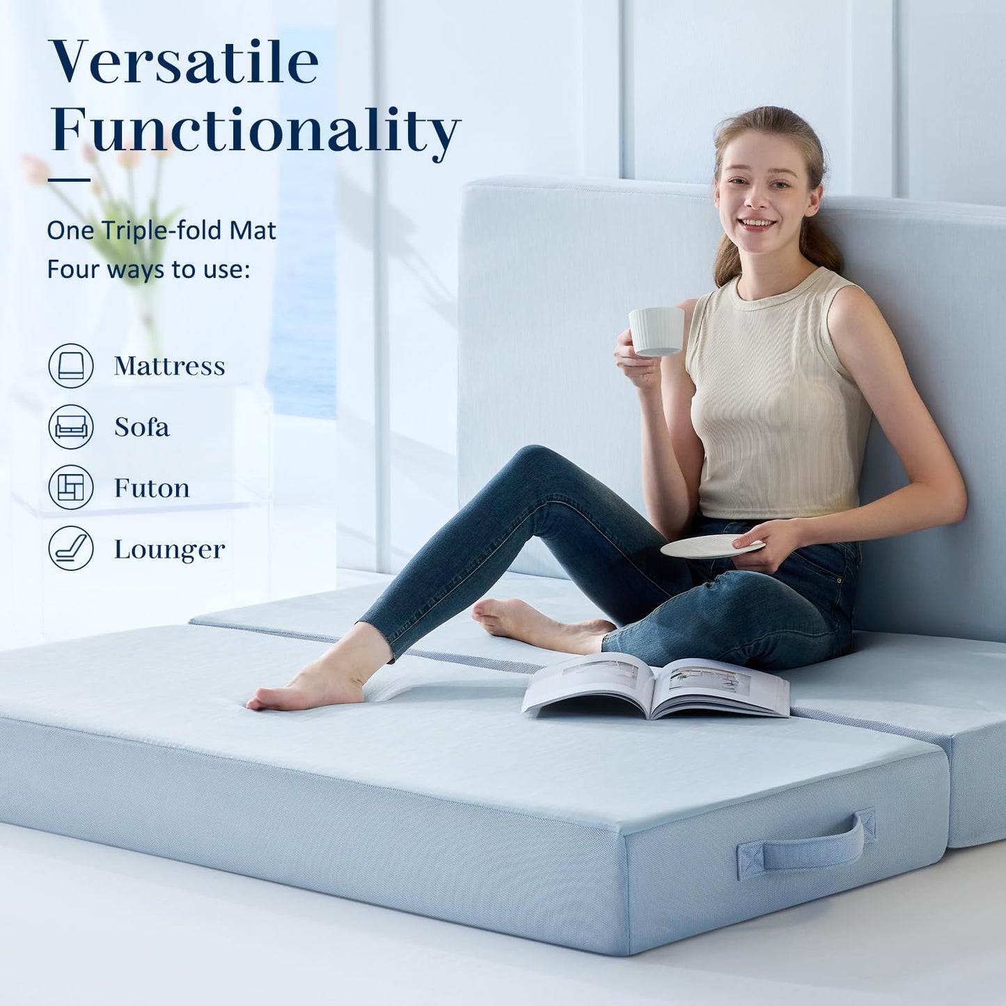 Lazyzizi Cooling Folding Mattress,6 Inch Foldable Mattress with Memory Foam Cold & Breathable Fabric Cover,Trifold Floor Guest Murphy Bed for Camping, RV, Twin