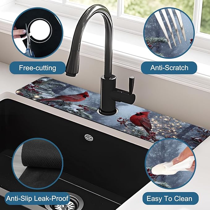 Christmas Winter Kitchen Sink Splash Guard Faucet Mat Cardinal Super Absorbent