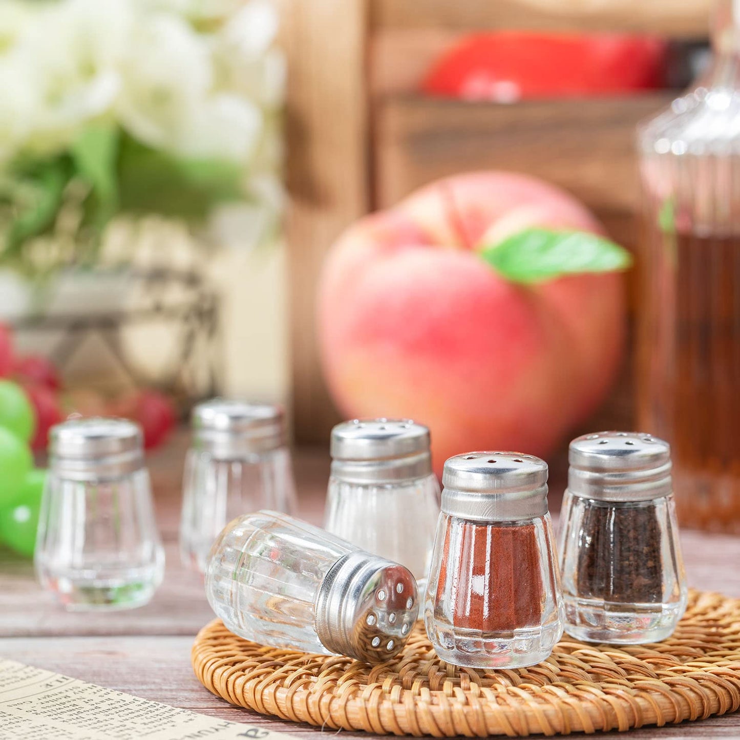 100 Pack Mini Salt and Pepper Shakers Bulk Glass Salt and Pepper Holders Small Clear Parmesan Cheese Spice Shaker Tiny Retro Style Dispensers with 10 Plastic Mini Funnels 100 Tags 100 Ropes