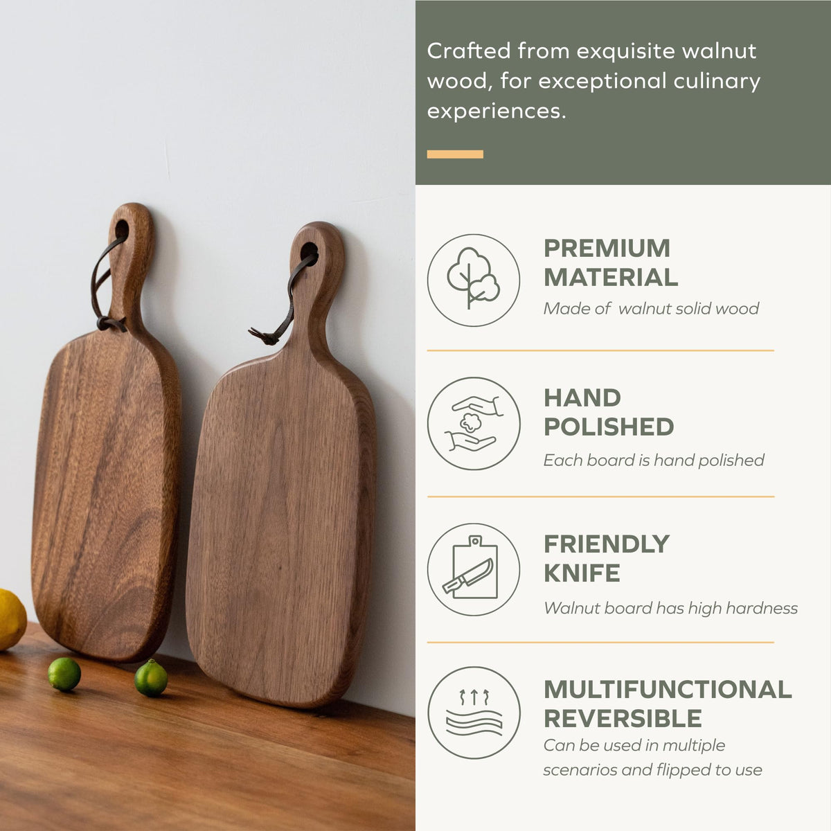 Muso Wood Small Cutting Board with Handle, Walnut Wooden Chopping Boards for Bread, Vegetables & Fruits, Dinner Cheese Board with Hole(15.2x7.3 Inches)