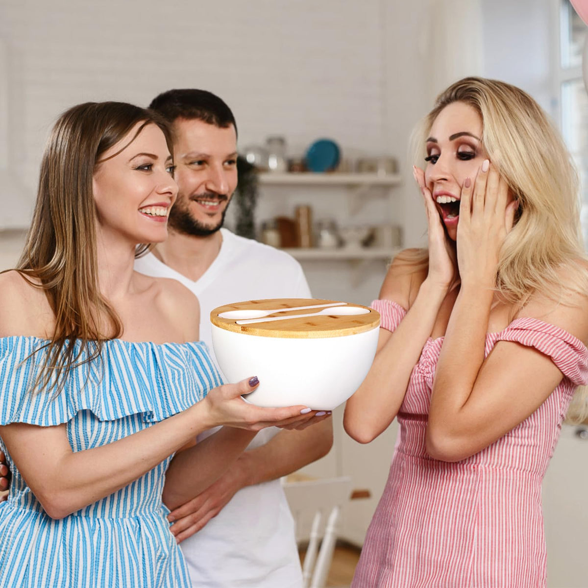 ShineMe Large Salad Bowl with Lid, Bamboo Fiber Salad Serving Bowl Set with Utensils, 9.8inches Mixing Bowl with Servers, Solid Bamboo Wooden Bowl for Candy, Salad, Fruits, Vegetables and Pasta(White)