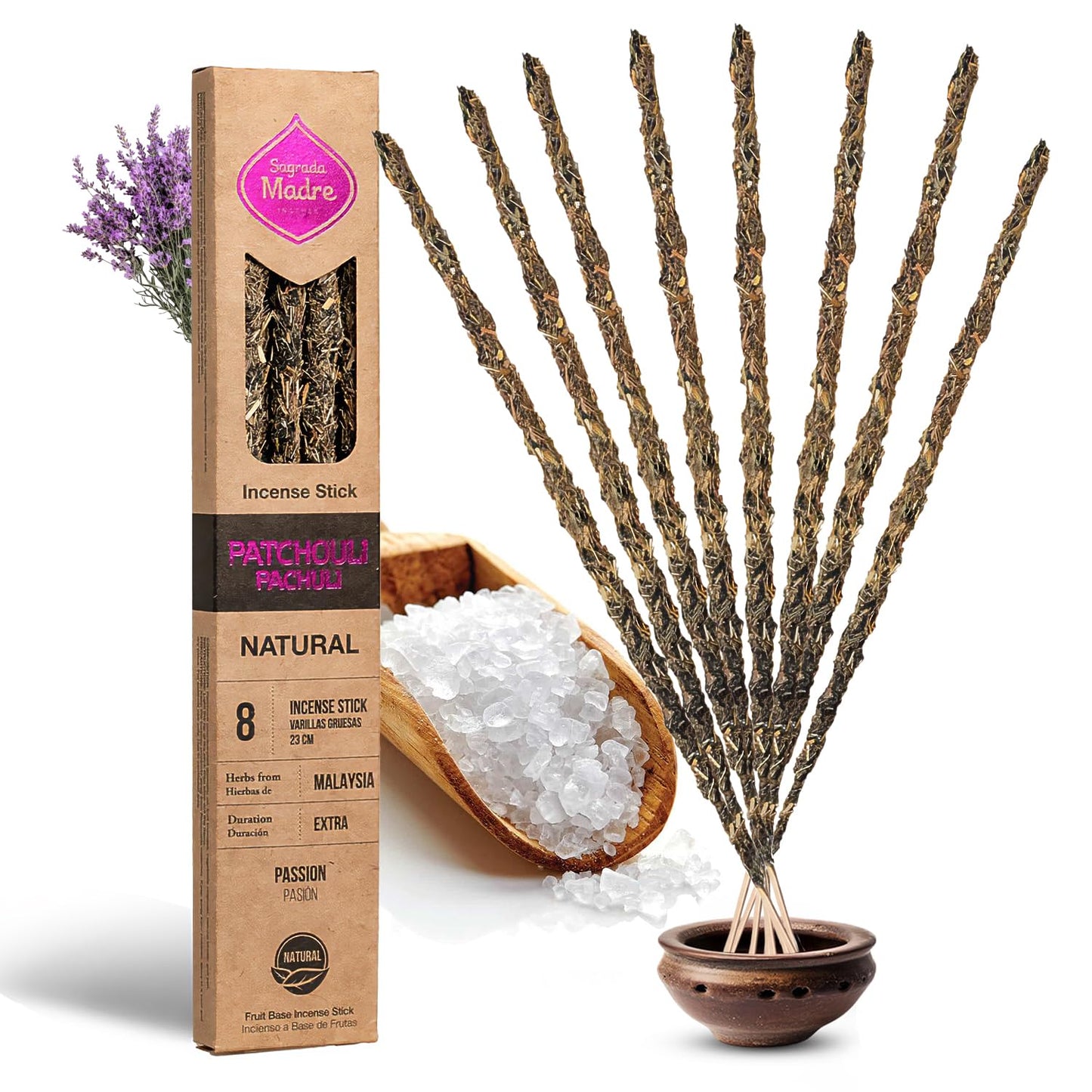 Sargada Madre - 8 Natural Patchouli Incense Sticks, 9 Inches Each - Aromatherapy Sticks for Protection, Love & Prosperity - Purify Your Space & Attract Positive Energy - Extended 1 Hour Burn Time