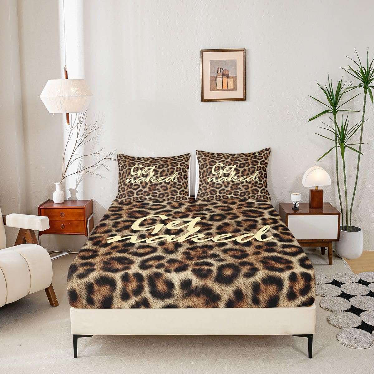 Feelyou Leopard Print Get Naked Fitted Sheet with 2 Pillowcases Full Size Funny Quotes Bed Sheets Set 16" Deep Pocket Boys Girls Brown Bedding Cheetah Teens Bedroom Decor Soft Lightweight Microfiber