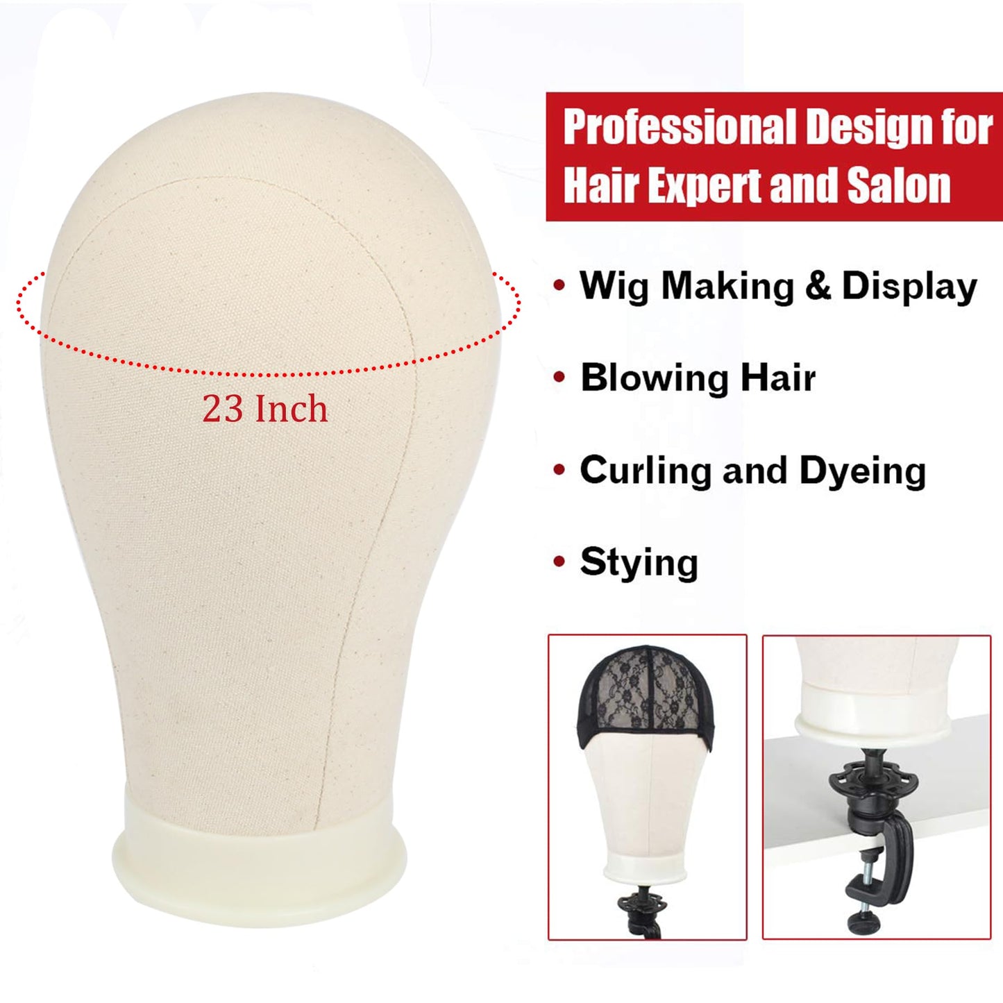 XTREND 21"-24" Canvas Wig Head Poly Manikin Head for Making/Drying/Styling Wigs Model Training Head Professional Mannequin Head with 20 Pcs T Pins and Clamp Stand 23 Inch