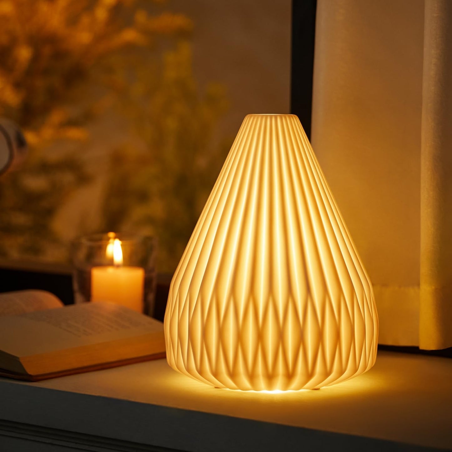 RONDURE 9.1" Modern Ceramic Table Lamp, Fully Dimmable Bedside Lamp for Bedroom Living Room Nightstand, White Translucent Ceramic Shade, Warm Ambient Decorative Corded Lighting, Bulb Included