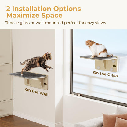 Pecute Cat Window Hammock & Wall Shelf, Sturdy Solid Wood Frame, 4 Swivel Suction Cups, Cat Window Bed Anti-Scratch & Washable Carpet Cover, Space-Saving Suitable for Cats Sunbathing, Hold Up to 18kg
