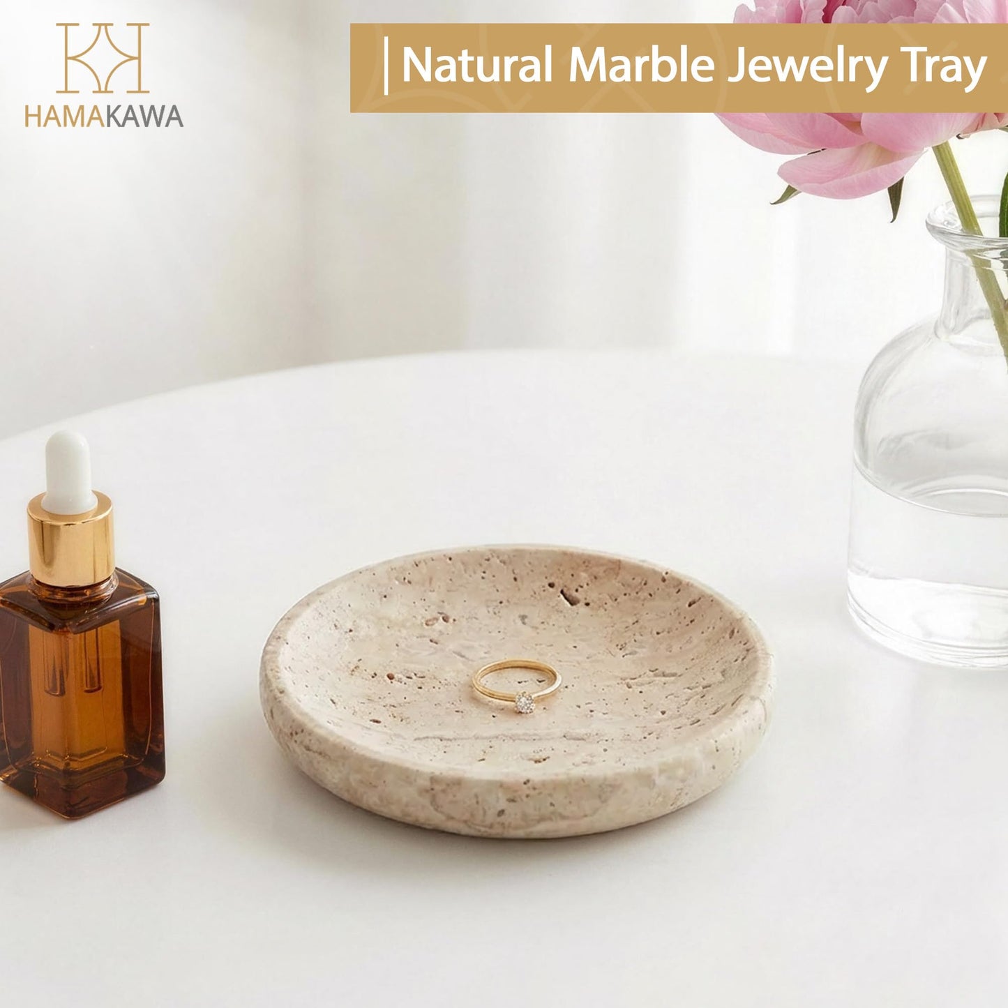 HAMAKAWA Turkish Natural Marble Jewelry Dish, Round Ring Dish 5.5 inch, Beige Trinket Tray, Travertine Bathroom Soap Holder, Decorative Stone Dish for Earrings, Ideal Gift for Women