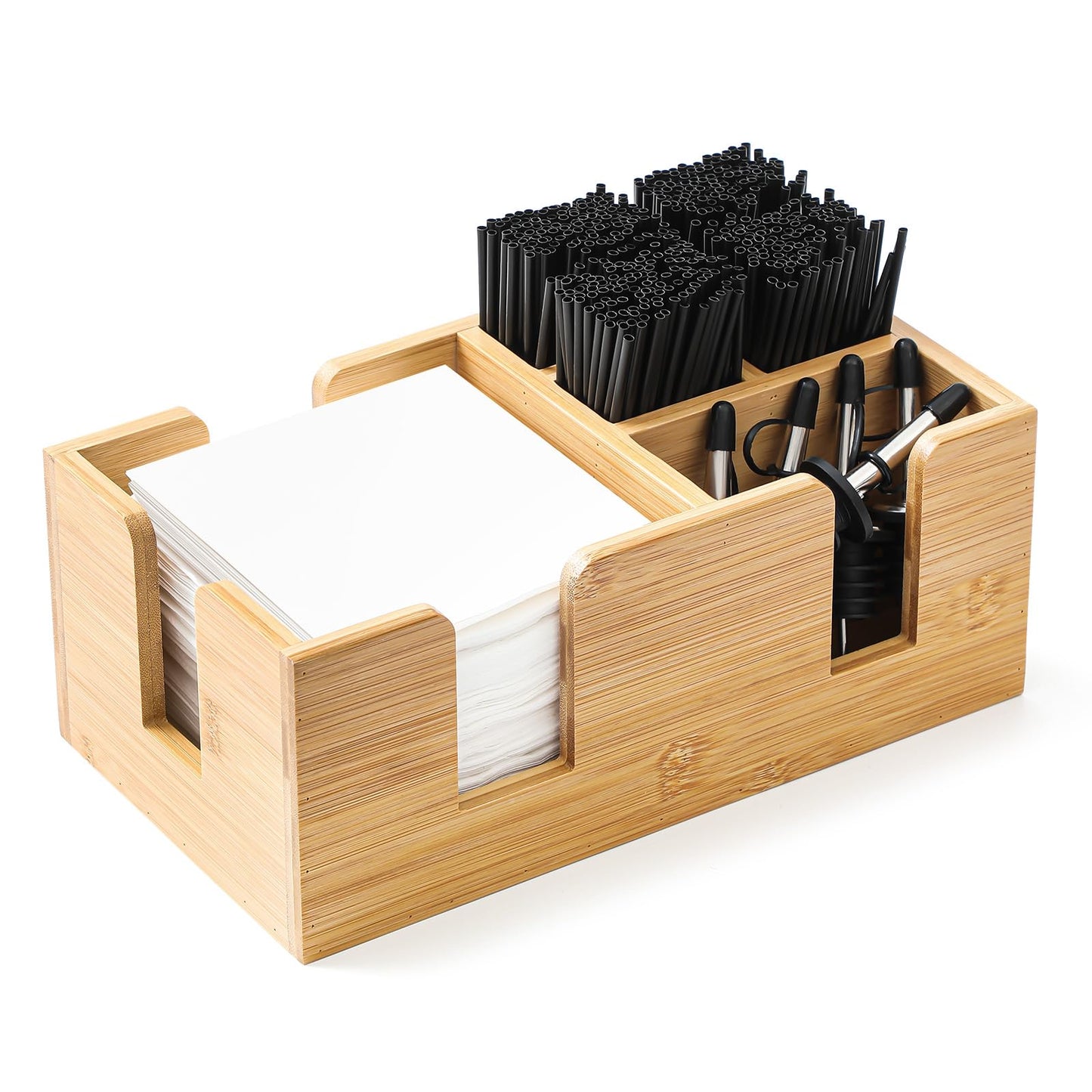 Mifoci Wooden Bar Caddy with 6 Compartments, Bamboo Bar Caddy Napkin & Straw Holder Organizer Cocktail Napkin Holder Condiments for Home Office Kitchen Countertop (Natural, 10.6 L x 5.5 W)
