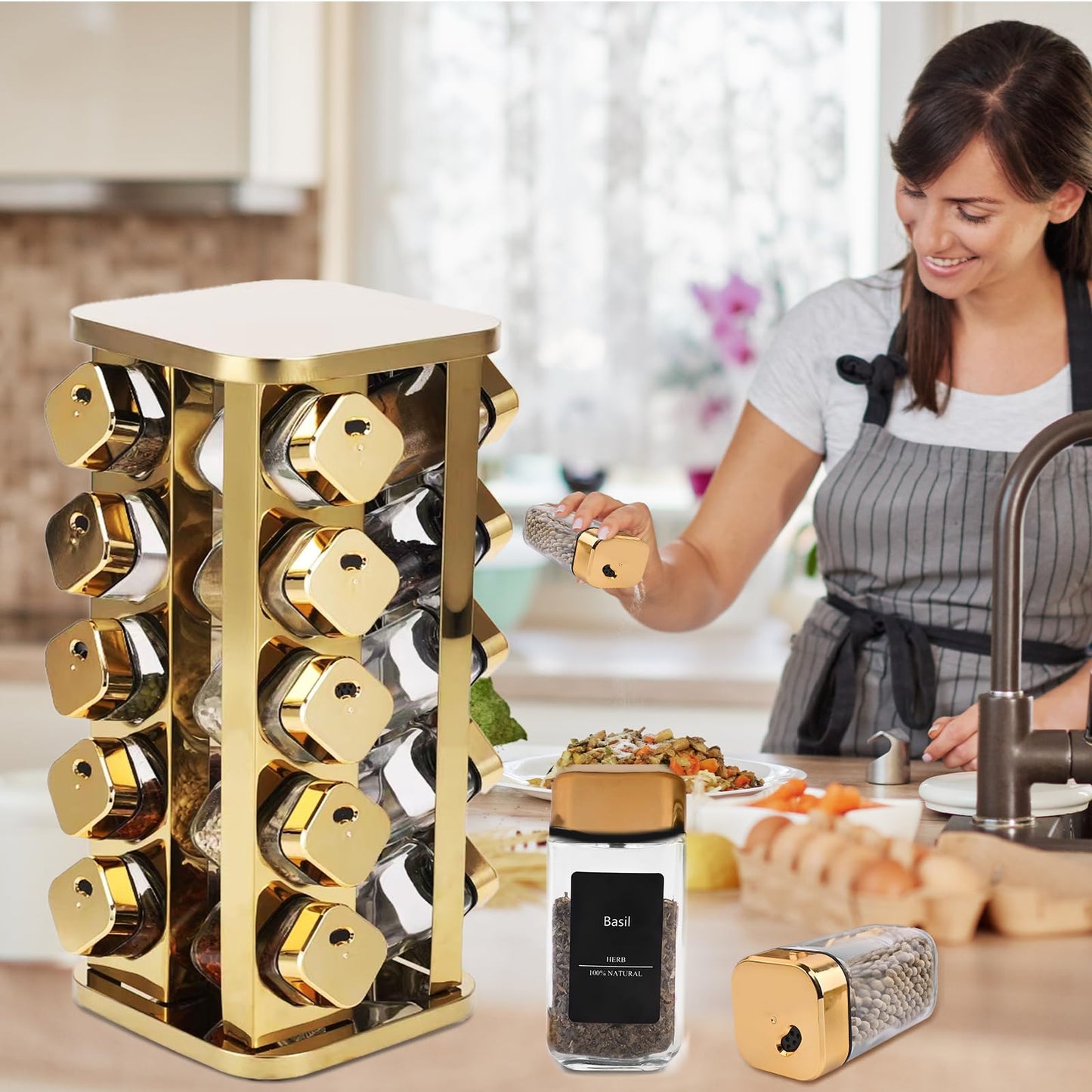 THYEUISM Kitchen stainless steel spice rack with 20 food grade glass cans-275 spice label-rotating vertical bracket and countertop seasoning rack cabinet tower storage rack (golden, 20)
